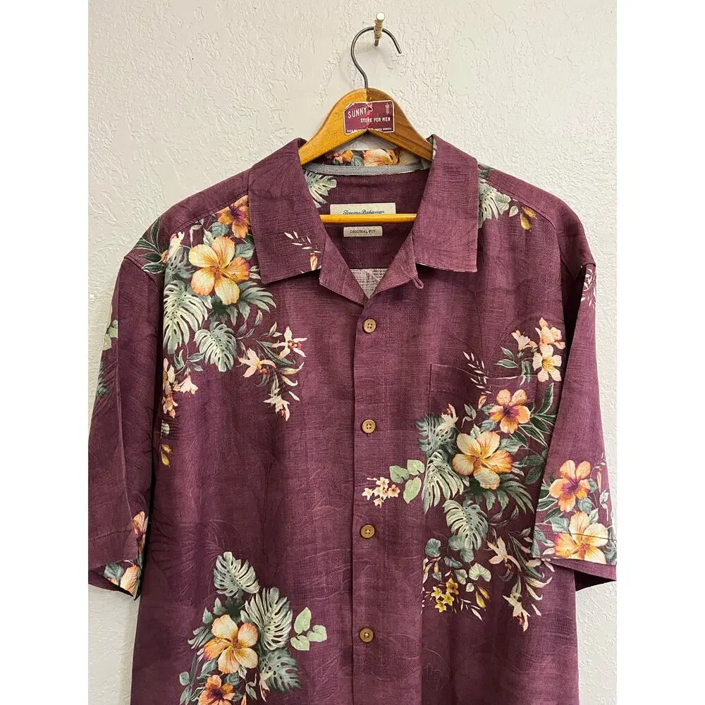 Tommy Bahama Silk Hawaiian Shirt XL Purple Floral Camp Shirt Original Fit Summer - Picture 7 of 13